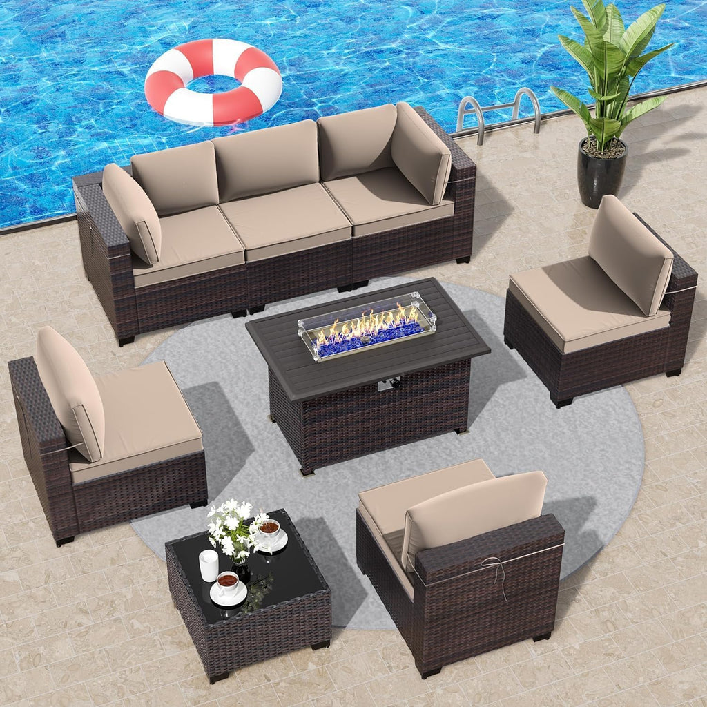 8 Pieces Outdoor Patio Furniture Set,Outdoor Sectional Furniture with 43' 55000 BTU Gas Propane Fire Pit Table,All Weather PE Rattan Wicker Patio Conversation Set,Sand