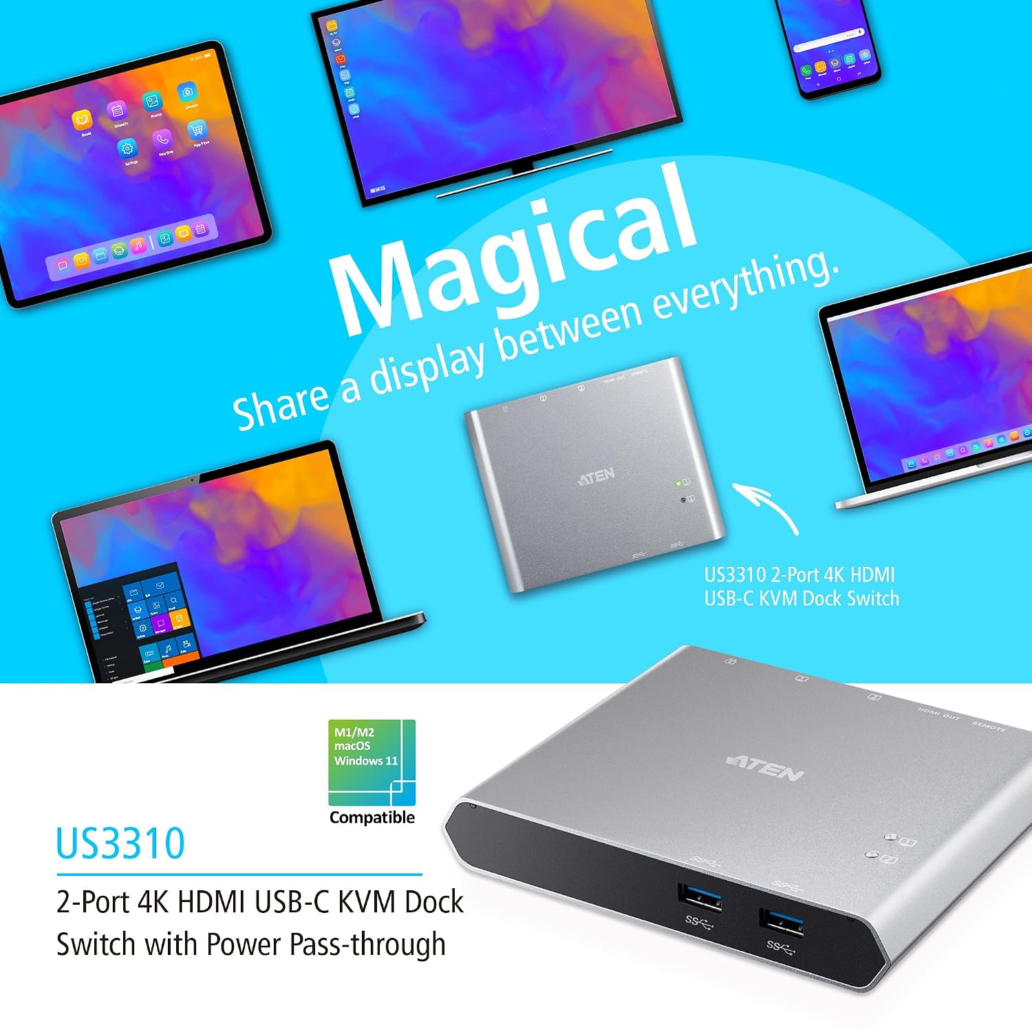 ATEN US3310 2-Port 4K HDMI USB-C Gen 1 KVM Dock Switch with Power Pass-Through 85W PD 3.0 with Compatible with Apple M1 M2 chip macOS for Notebook Smartphone for Windows Mac