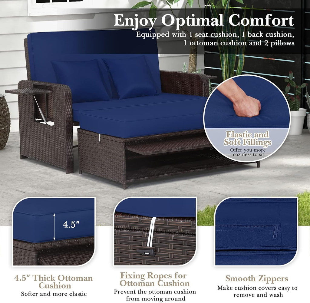 Tangkula Patio Rattan Daybed with 4-Level Adjustable Backrest, Outdoor PE Wicker Loveseat with Storage Ottoman & Folding Side Tray, Double Sunbed Lounger for Balcony, Backyard & Poolside, Navy & Brown