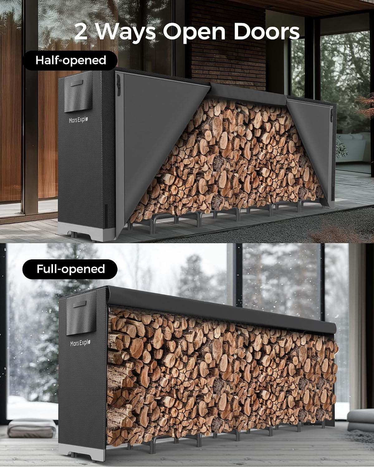 12ft Firewood Log Rack with Cover Outdoor, Heavy Duty Indoor Outdoor Firewood Storage Log Rack with Cover Combo Set Black