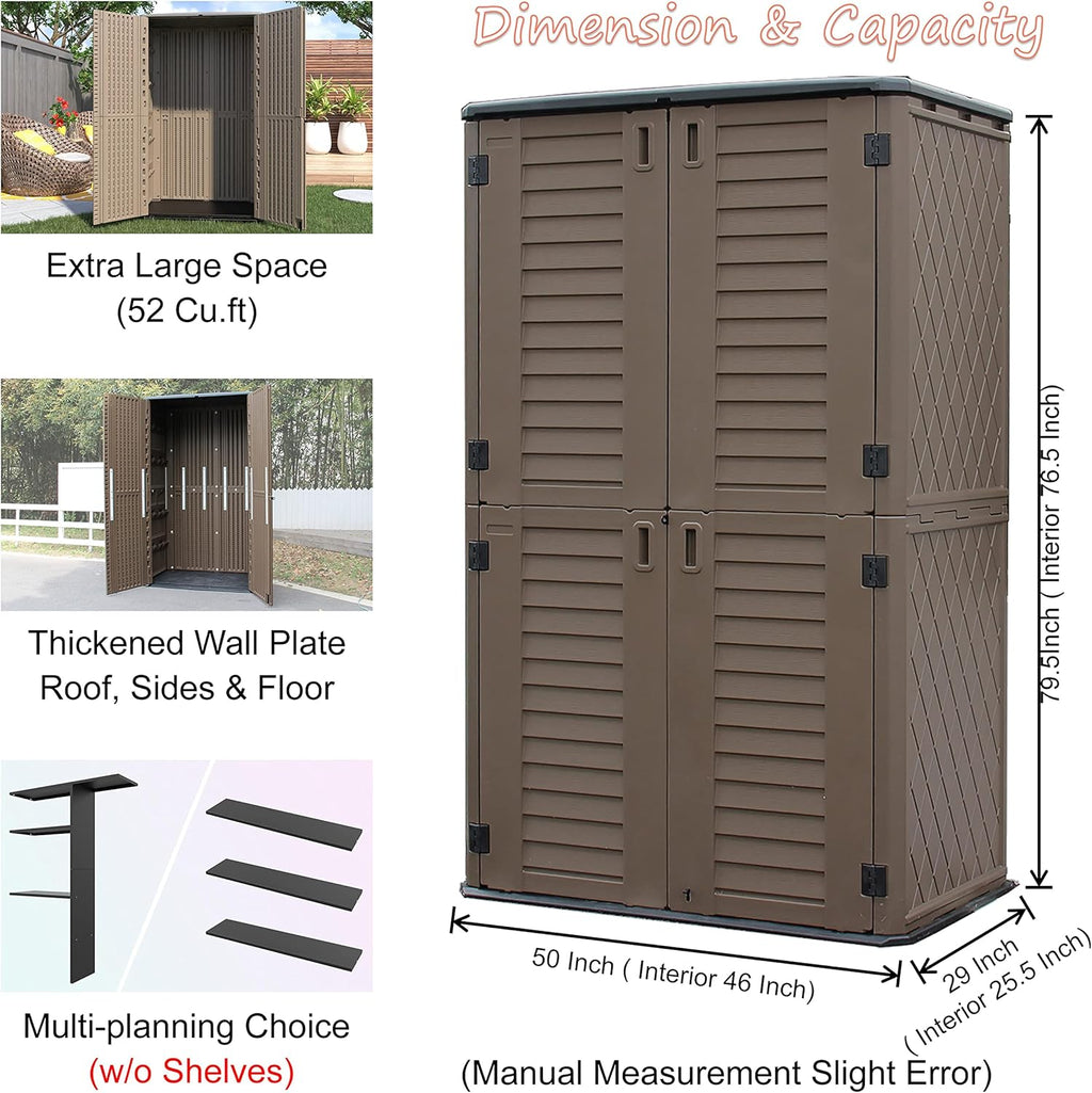 Mrosaa Sheds & Outdoor Storage, 52 Cu.ft Vertical Storage with Floor, Cabinet Waterproof for Garage Pool Bike Shed, Garden , Coffee Brown