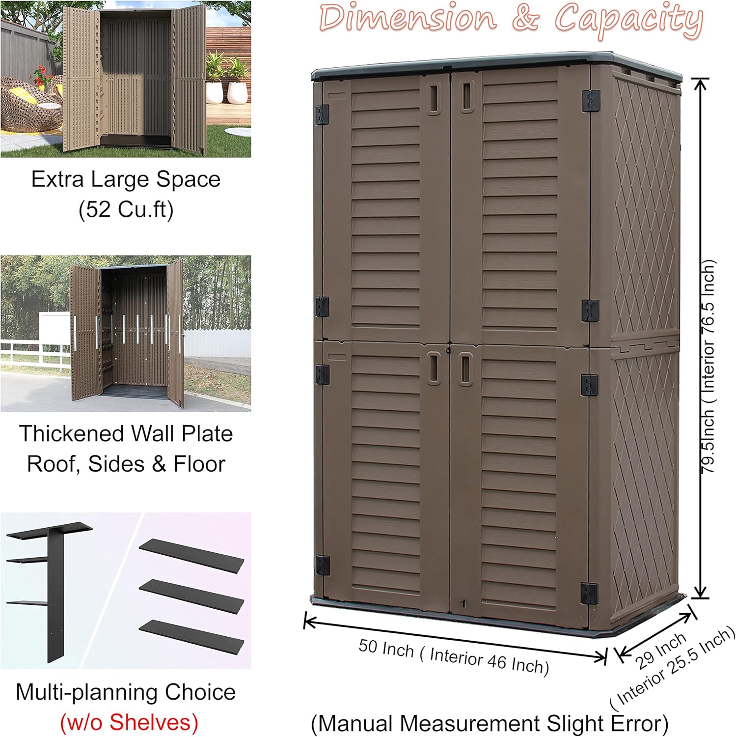 Mrosaa Sheds & Outdoor Storage, 52 Cu.ft Vertical Storage with Floor, Cabinet Waterproof for Garage Pool Bike Shed, Garden , Coffee Brown