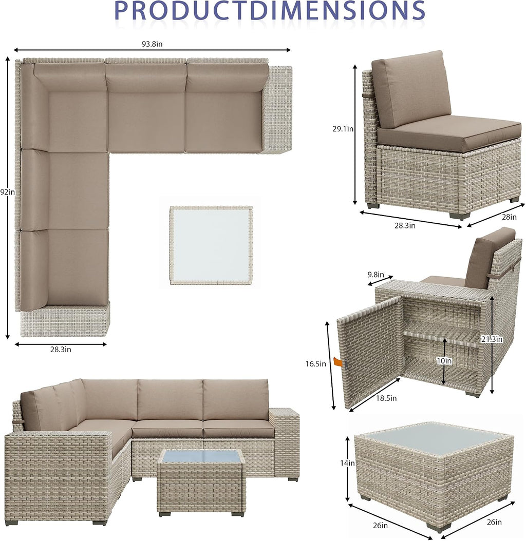 6 Piece Patio Furniture Set, 9.8' Wide Arm Sectional Sofa with Storage Armrests, All-Weather Rattan Outdoor Conversation Set for Garden, Porch, Lawn, Backyard, Balcony, Khaki