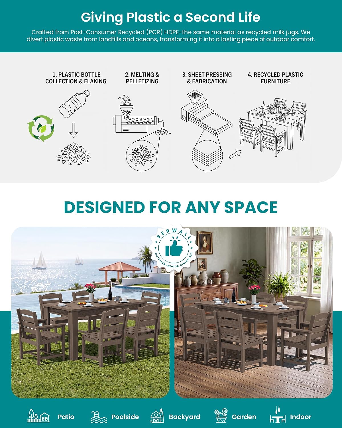 SERWALL Patio Dining Sets for 8, Outdoor Dining Sets for 8 Person with 2 Umbrella Hole Cut-Out Rectangular Tables and 8 Chairs, HDPE Dining Sets for Garden, Backyard, Poolside, Coffee