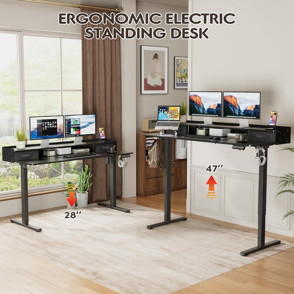Furmax Electric Standing Desk with Drawers, Stand Up Desk with Storage Shelf Height Adjustable Computer Desk with Organizer for Home Office Ergonomic (Black, 55 Inch)
