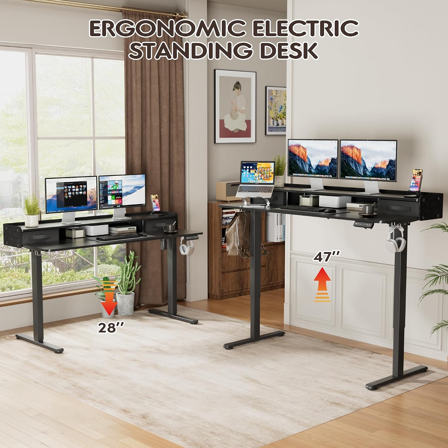 Furmax Electric Standing Desk with Drawers, Stand Up Desk with Storage Shelf Height Adjustable Computer Desk with Organizer for Home Office Ergonomic (Black, 55 Inch)