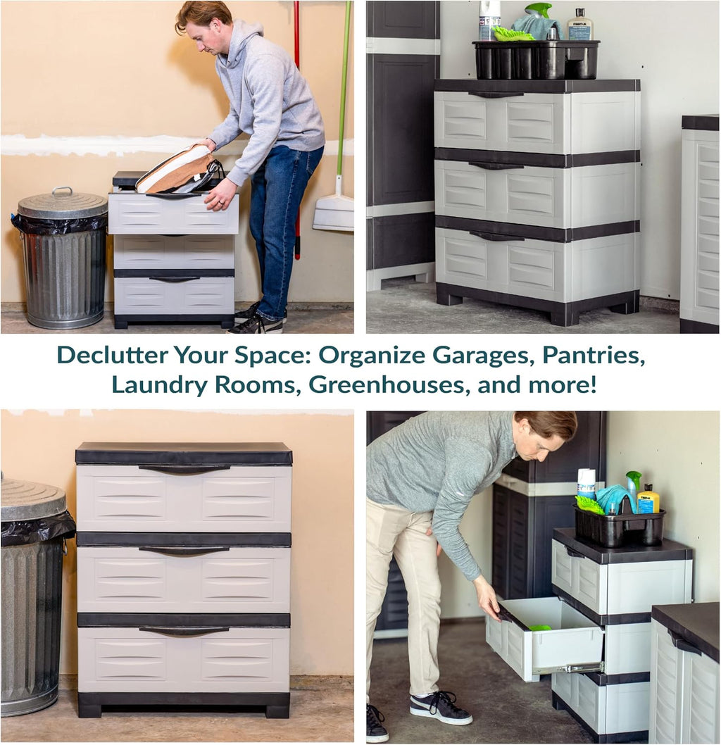 Sunnydaze 29.5' H 3-Tier Storage Cabinet with Drawers - Resin Storage Drawers Organizer - for Garage, Office, Home, Laundry Room - Gray w/Charcoal Trim
