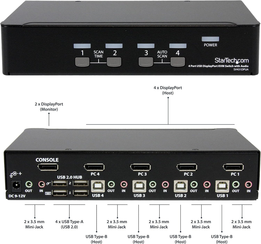 StarTech.com 4 Port DisplayPort KVM Switch w/ Audio - USB, Keyboard, Video, Mouse, Computer Switch Box for 2560x1600 DP Monitor , TAA (SV431DPUA)