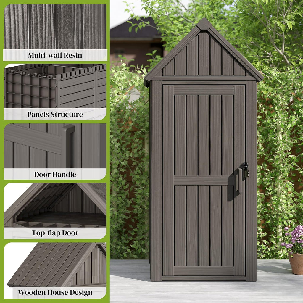 Fancyango Outdoor Resin Storage Shed, Upgrade Sturdy Storage Cabinet with Removable Shelves and Lock Ring, Reinforced Floor, All-Weather Construction for Garden Patio Lawn (Black) (Grey)