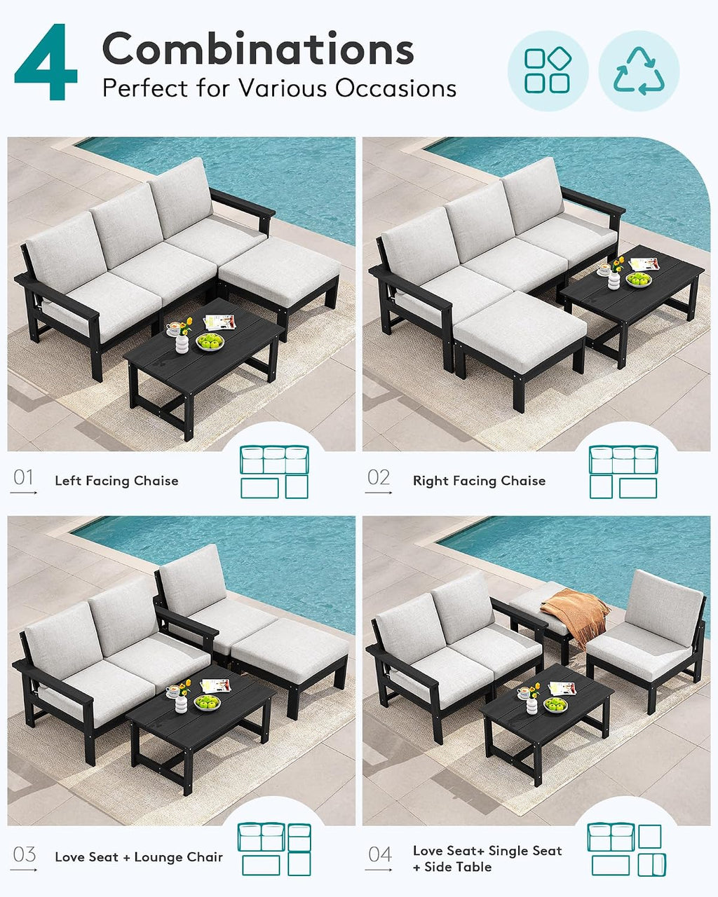 SERWALL Outdoor Sectional Sofa Set, 5-piece Outdoor Modula Couch Set with Ottoman, All Weather Patio Furniture Set with Chaise for Deck, Lawn, Black Frame with Khaki Cushion