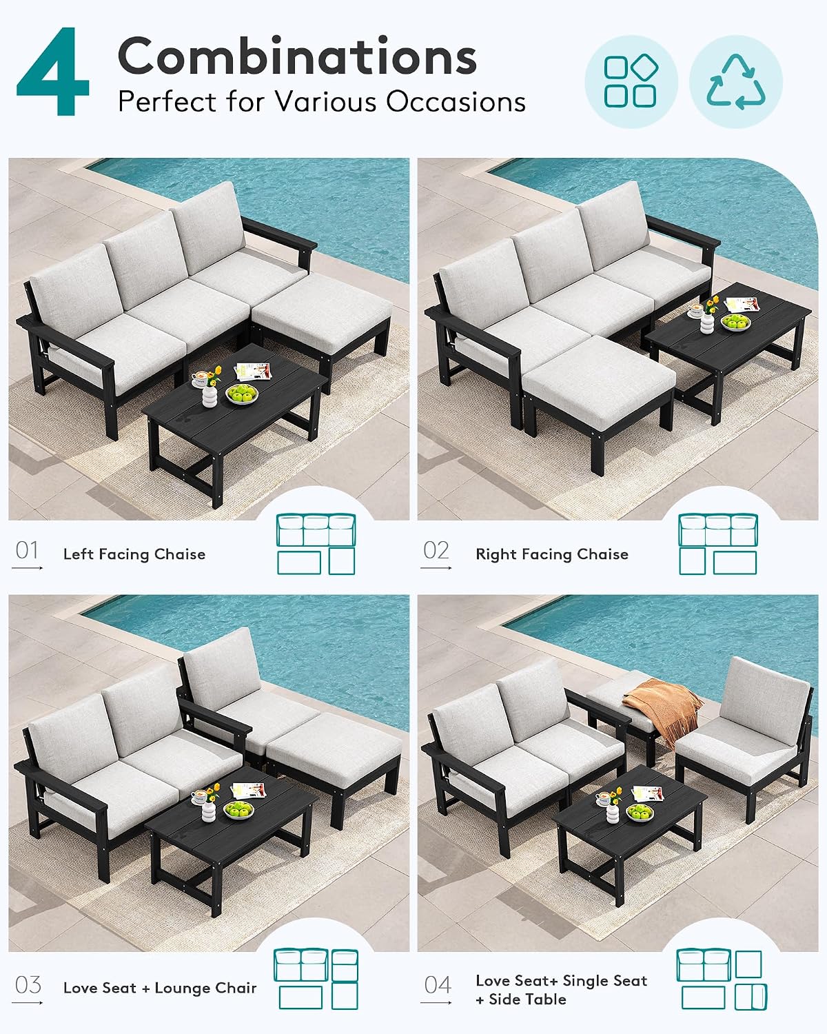 SERWALL Outdoor Sectional Sofa Set, 5-piece Outdoor Modula Couch Set with Ottoman, All Weather Patio Furniture Set with Chaise for Deck, Lawn, Black Frame with Khaki Cushion