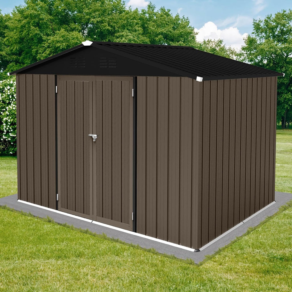 6x8 FT Outdoor Storage Shed,with Hinged Door and Padlock,Pitched Roof Metal Garden Tool Sheds,w/Punched Vents,for Storing Bicycles, Lawnmowers, Barbeques,Garden Tools,Brown + Black