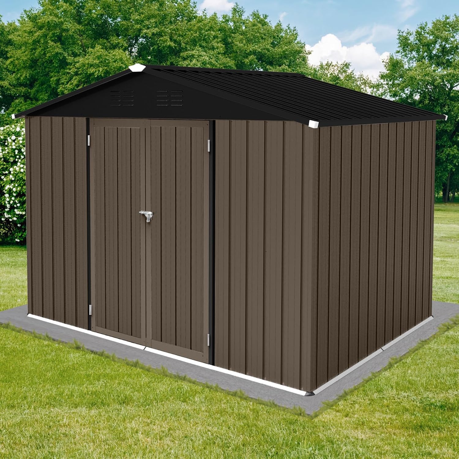 6x8 FT Outdoor Storage Shed,with Hinged Door and Padlock,Pitched Roof Metal Garden Tool Sheds,w/Punched Vents,for Storing Bicycles, Lawnmowers, Barbeques,Garden Tools,Brown + Black