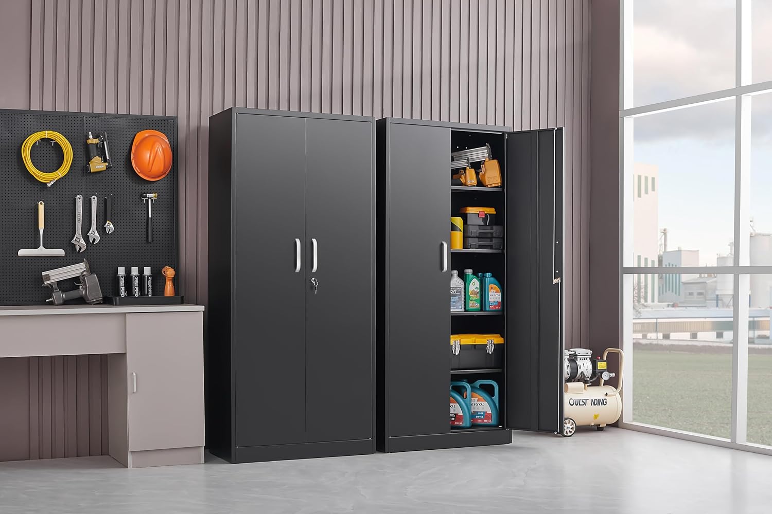 Approgreent Metal Storage Cabinet with Adjustable Shelves, Garage Cabinet with 2 Lockable Doors, Garage Storage Cabinet, Kitchen Pantry Cabinet - 71'H, Black