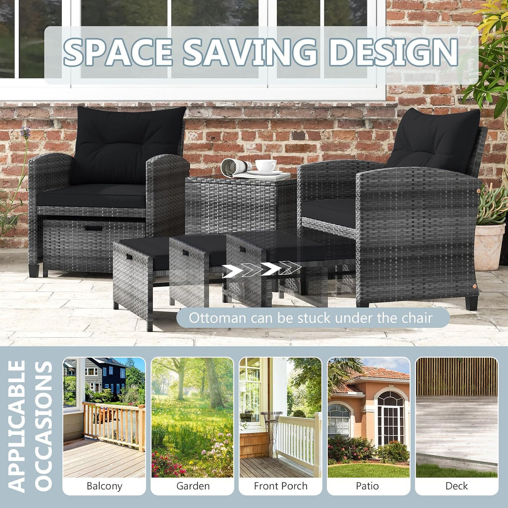 ORALNER 5 Pieces Patio Furniture Set with Ottoman, Wicker Conversation Set w/Cushions, Glass Coffee Table, Outdoor Lounger Rattan Chairs Bistro Set for Porch Balcony Garden Deck Poolside (Black)