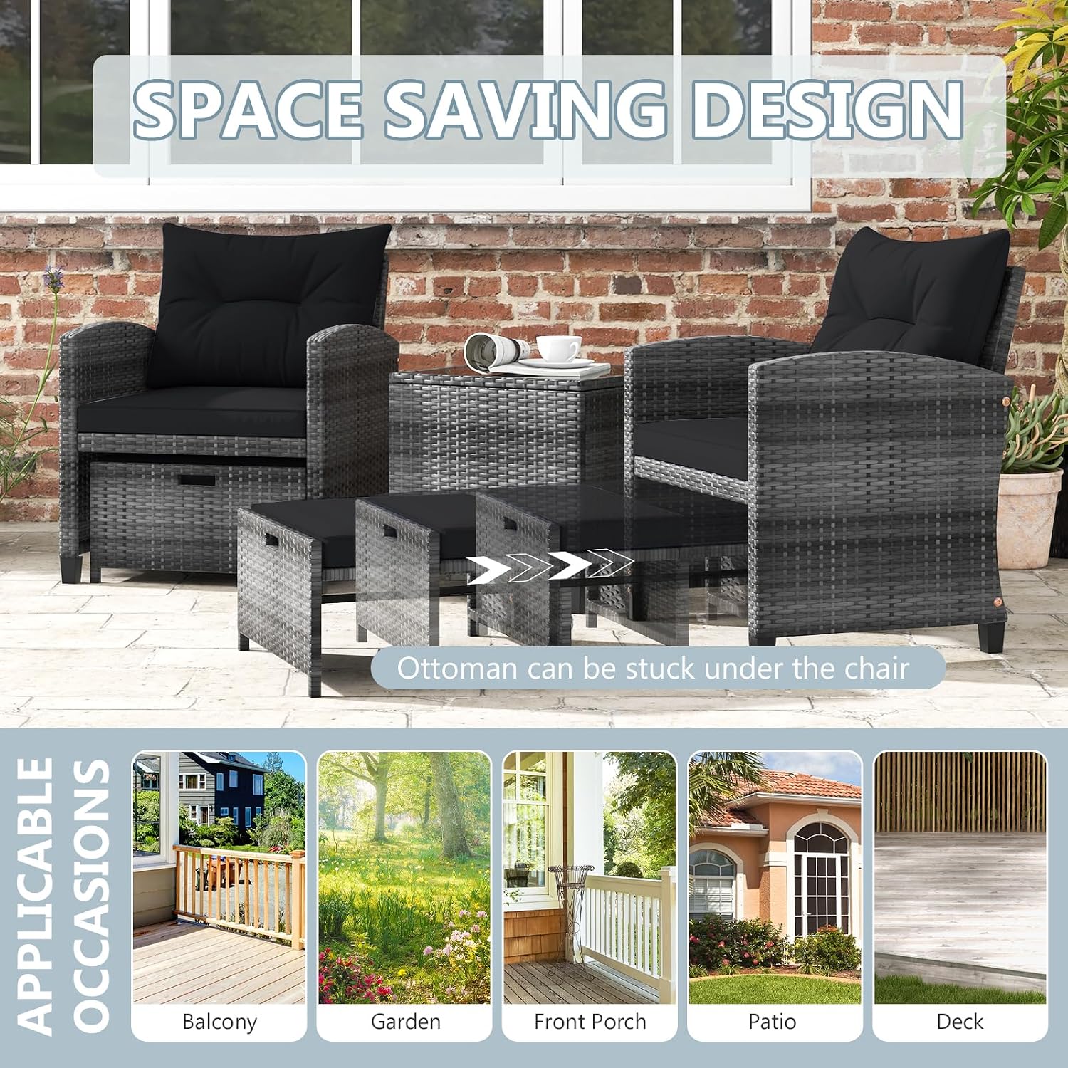ORALNER 5 Pieces Patio Furniture Set with Ottoman, Wicker Conversation Set w/Cushions, Glass Coffee Table, Outdoor Lounger Rattan Chairs Bistro Set for Porch Balcony Garden Deck Poolside (Black)