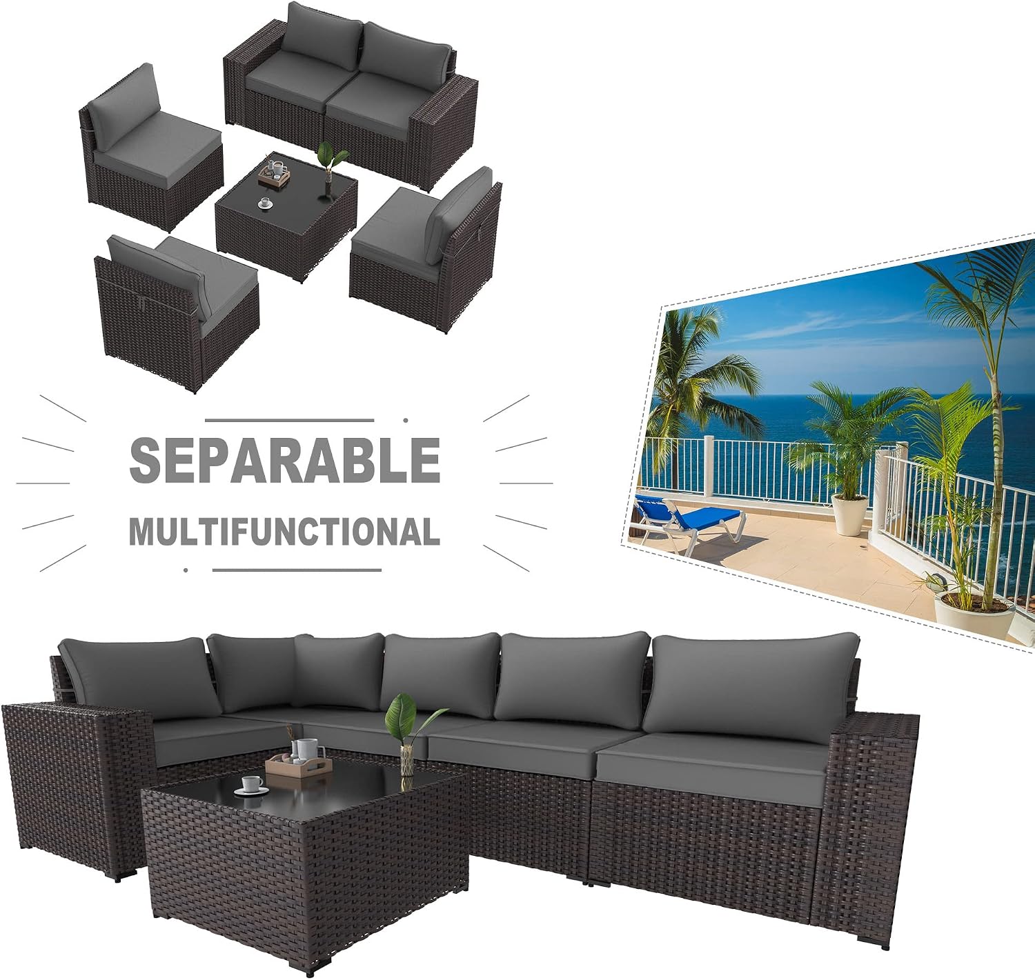 Kullavik Outdoor Patio Furniture Set 6 Pieces Sectional Rattan Sofa Set Brown PE Rattan Wicker Patio Conversation Set with 5 Seat Cushions and 1 Tempered Glass Table,Grey