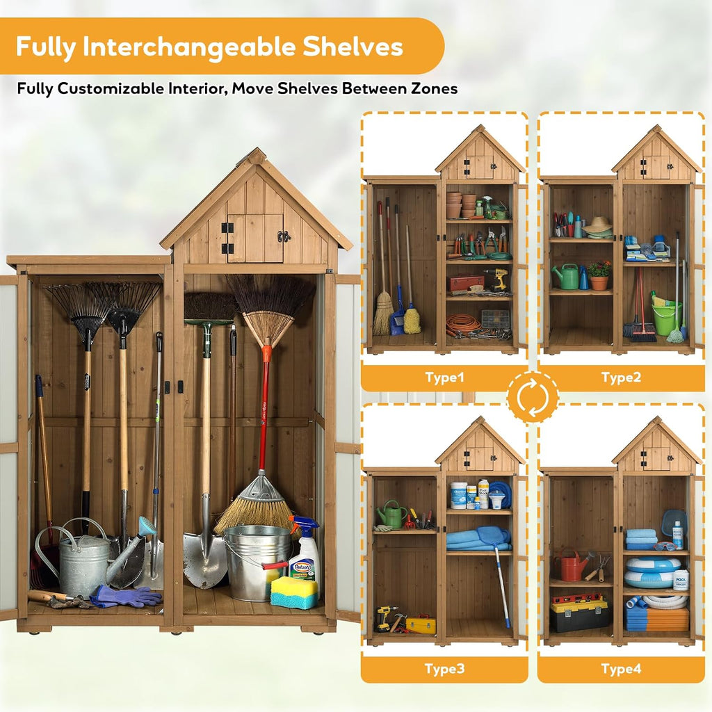 PetsCosset Outdoor Storage Cabinet Wood & Metal Garden Shed with Lockable Doors, 3 Adjustable Shelves, Weatherproof Patio Backyard Storage for Tools & Garden Supplies