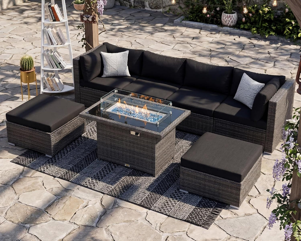 RADIATA 7Pcs Outdoor Patio Furniture Set with Fire Pit, Modern Comfortable Outside Sectional Couch High Back Oversized Wide Deep 6-Seats, Modular All-Weather Heavy Duty Wicker Sofa Set, Grey&Black