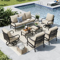 MFSTUDIO 7 Pieces Metal Patio Furniture Sets, 2 Swivel Chairs, 3-Seat Deep Seating Sofa, 2 Single Couch and 2 Ottoman, All Weather 9 Seats Outdoor Conversation Set for Garden Backyard，Beige Cushion