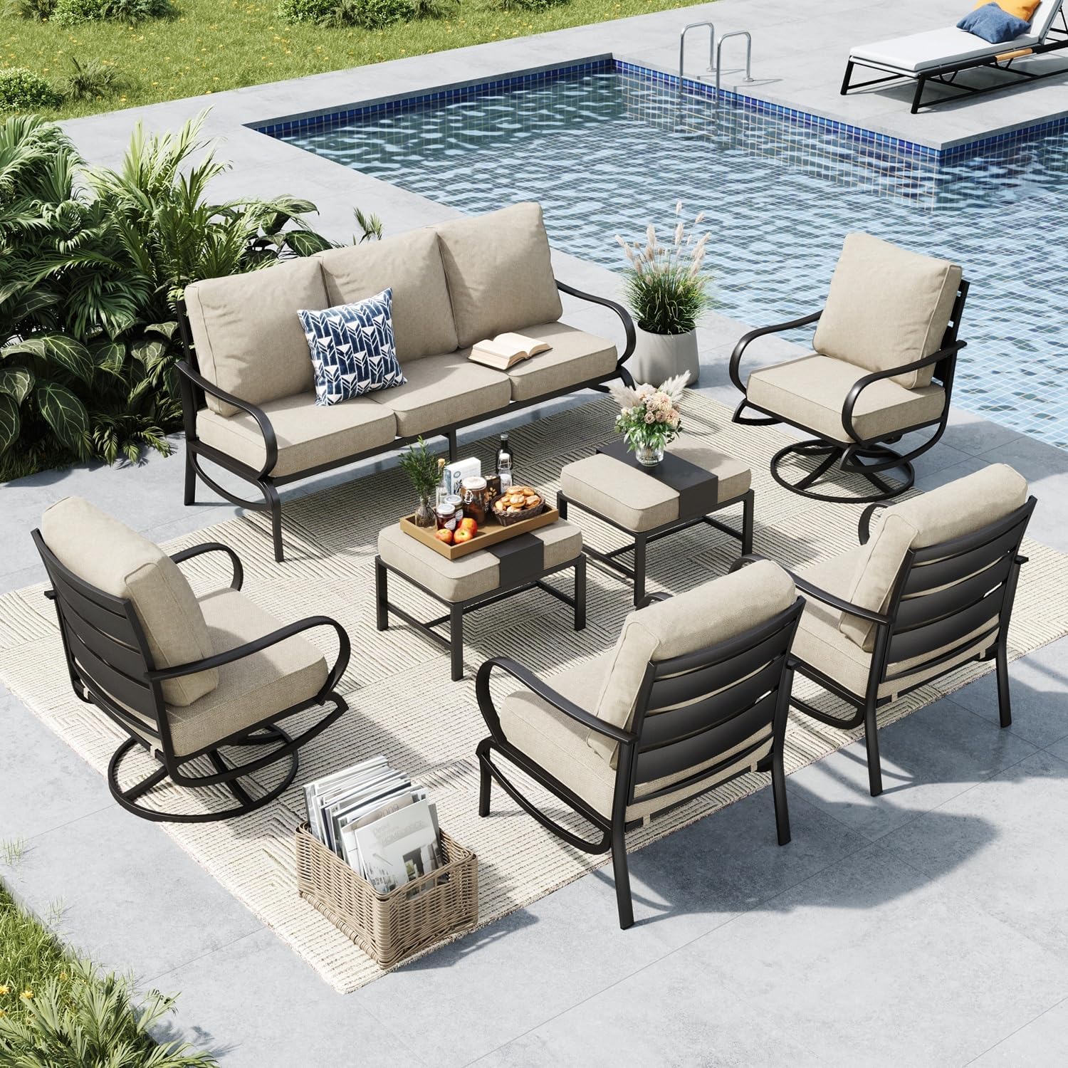 MFSTUDIO 7 Pieces Metal Patio Furniture Sets, 2 Swivel Chairs, 3-Seat Deep Seating Sofa, 2 Single Couch and 2 Ottoman, All Weather 9 Seats Outdoor Conversation Set for Garden Backyard，Beige Cushion