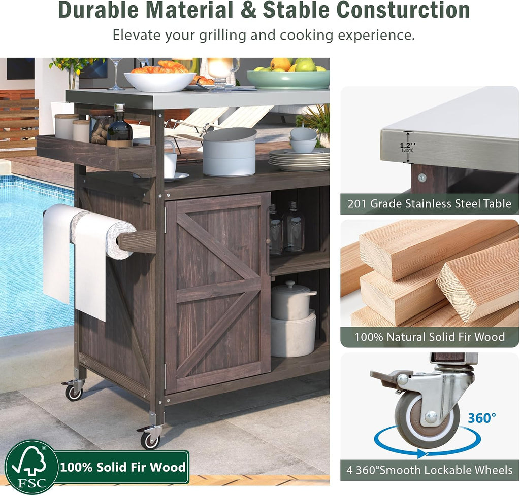 50.25' W Grill Cart with Stainless Steel Tabletop - Outdoor Storage Cabinet for BBQ, Bar Patio Kitchen Island with Ample Storage and Lockable Wheels