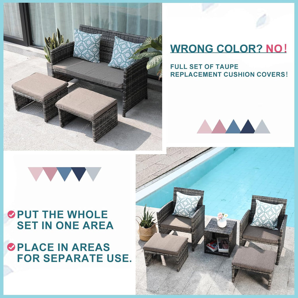 OC Orange-Casual Patio Furniture Sets,8 Pieces Conversation Set, Outdoor Wicker Bistro Set, All Weather Sectional Loveseat Chairs with Ottoman & Coffee Table, Grey Rattan with Light Grey Cushion