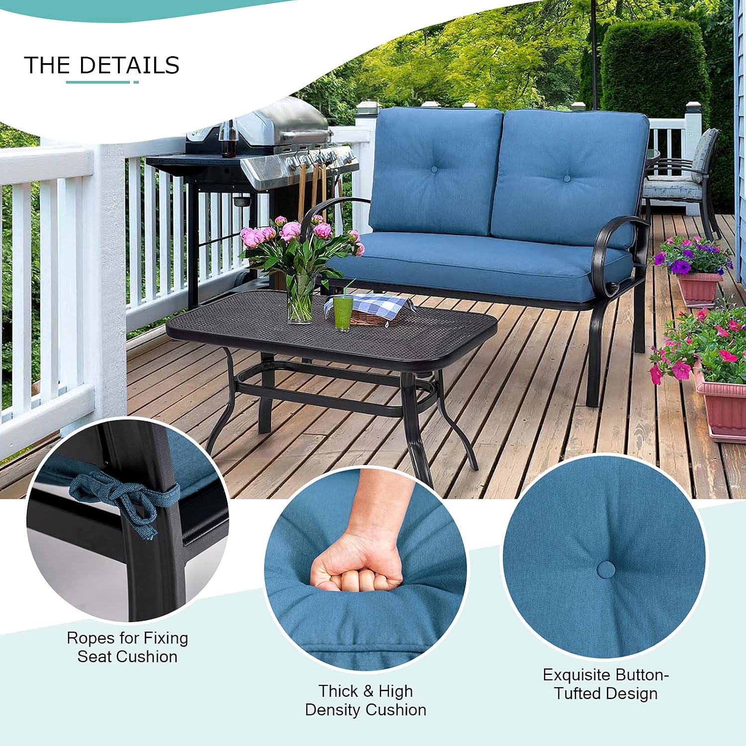 Giantex Patio Loveseat with Coffee Table Outdoor Bench with Cushion and Metal Frame, Loveseat Porch Furniture Set Sofa for Garden, Yard, Patio or Poolside (Navy & Black)