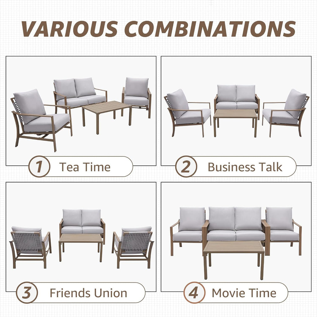 NATURAL EXPRESSIONS 4 Pieces Patio Furniture Sets, Modern Metal Outdoor Conversation Sets with High Back All Weather Hand-Woven Rope Rocking Chairs, Loveseat, Metal Table, 6' Thick Olefin Cushions