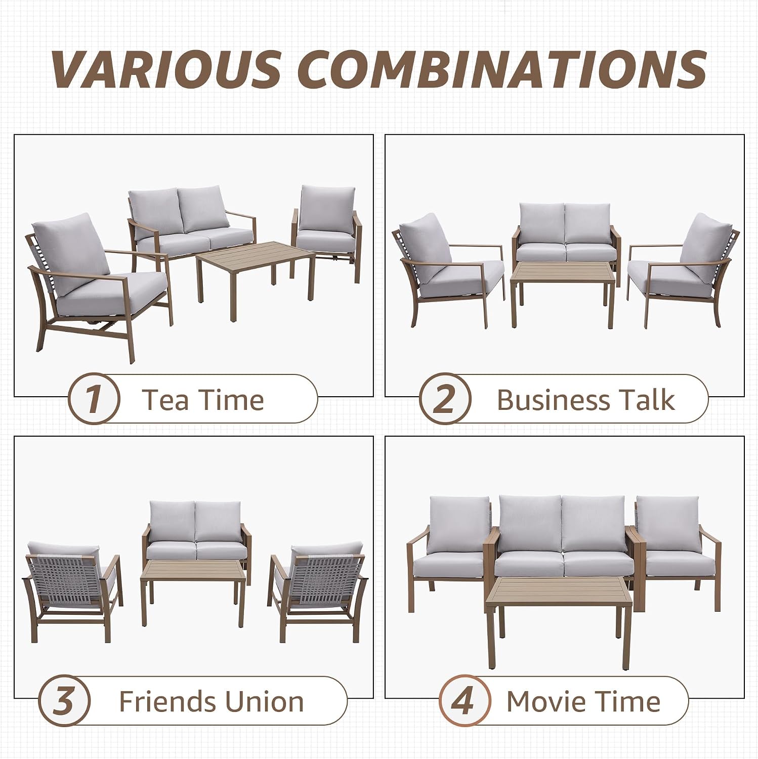 NATURAL EXPRESSIONS 4 Pieces Patio Furniture Sets, Modern Metal Outdoor Conversation Sets with High Back All Weather Hand-Woven Rope Rocking Chairs, Loveseat, Metal Table, 6' Thick Olefin Cushions