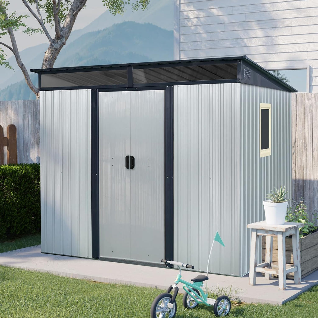 Ball & Cast 8x6 FT Outdoor Metal Storage Shed with Window and Transparent Plate,Waterproof Garden Organizer Tool Housew/Lockable Doors & Ventilation,Shelter Cabinet for Patio,Lawn,White+Black