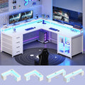 SEDETA L Shaped Gaming Desk with 4 Drawers, 109' Computer Desk with Display Cabinet, Home Office Desks with 2 Monitor Stands, CPU Stand, LED Lights and Power Outlet, White