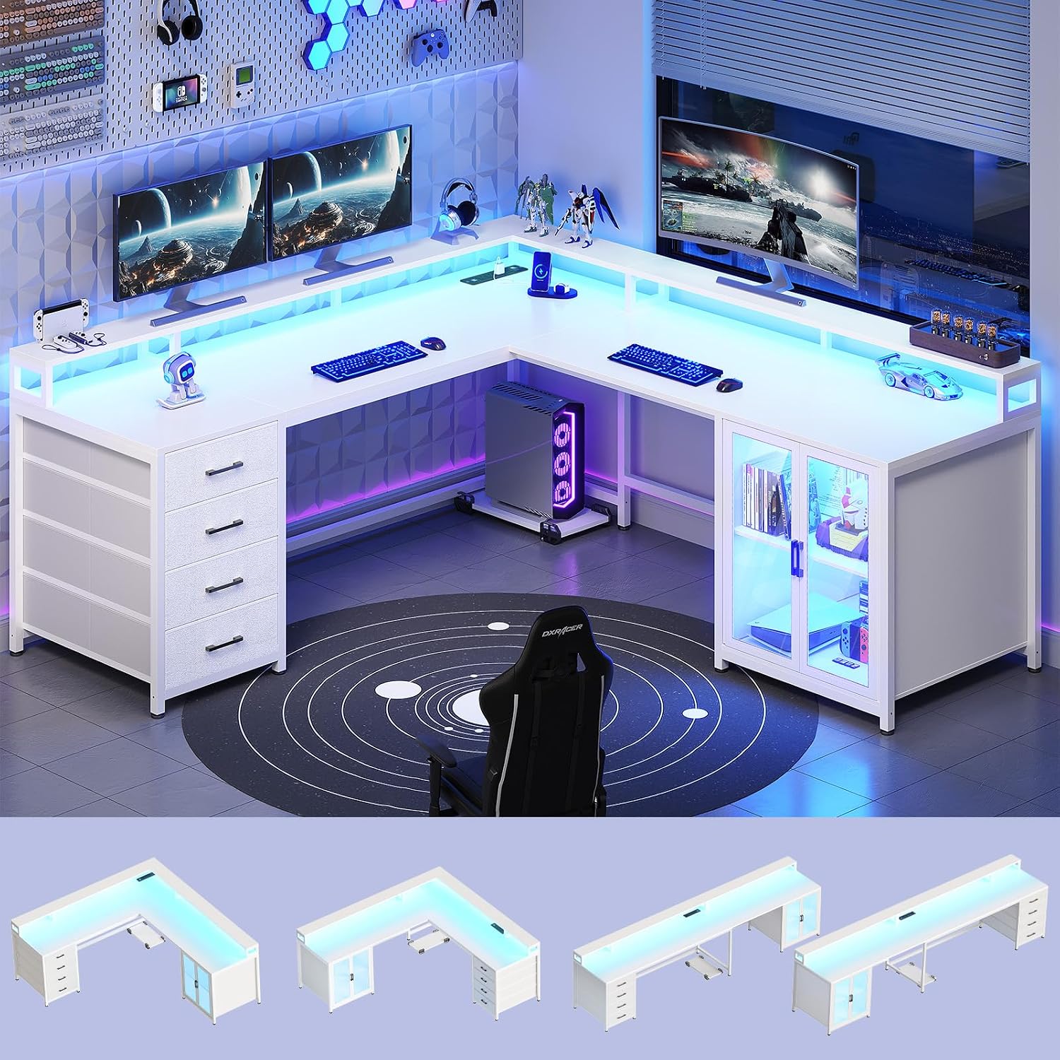 SEDETA L Shaped Gaming Desk with 4 Drawers, 109' Computer Desk with Display Cabinet, Home Office Desks with 2 Monitor Stands, CPU Stand, LED Lights and Power Outlet, White