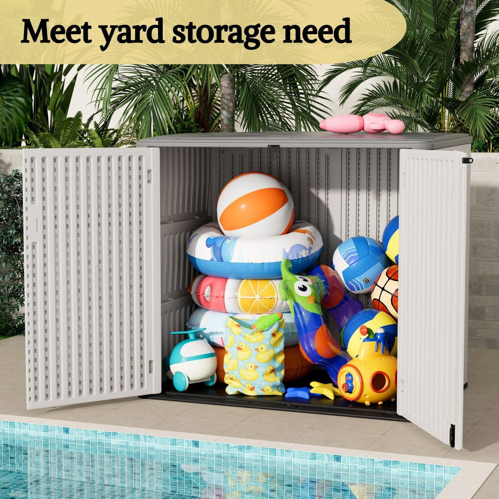 ZZM Large Outdoor Storage Shed, 48 Cu Ft Resin Versatile Storage Cabinet for Patio Accessories, Trash Cans & Garden Tools, Durable Horizontal Storage Box with Lockable Lid (White)