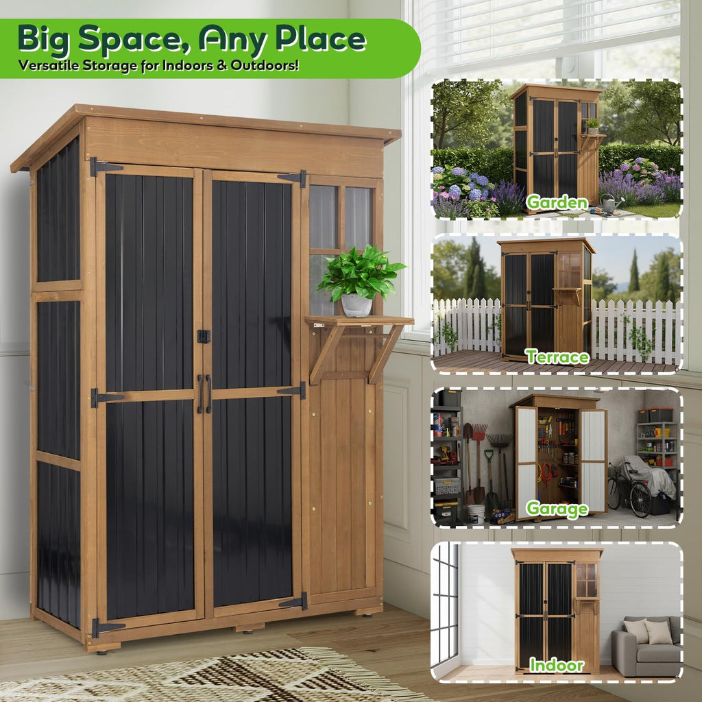 Large Outdoor Storage Cabinet Waterproof with Shelves, Outside Storage Shed Tall Backyard Cabinet with Fold-Out Table for Patio, Garage, Garden, Pool Accessories Storage, Black, 70.5'H x 51'L