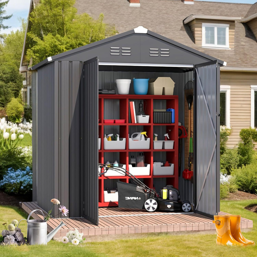 AECOJOY 6' x 4' Outdoor Storage Shed, Dark Grey 4x6 Metal Sheds & Outdoor Storage Clearance, Utility and Tool Garden Shed with Lockable Doors for Backyard, Patio, Outside Use