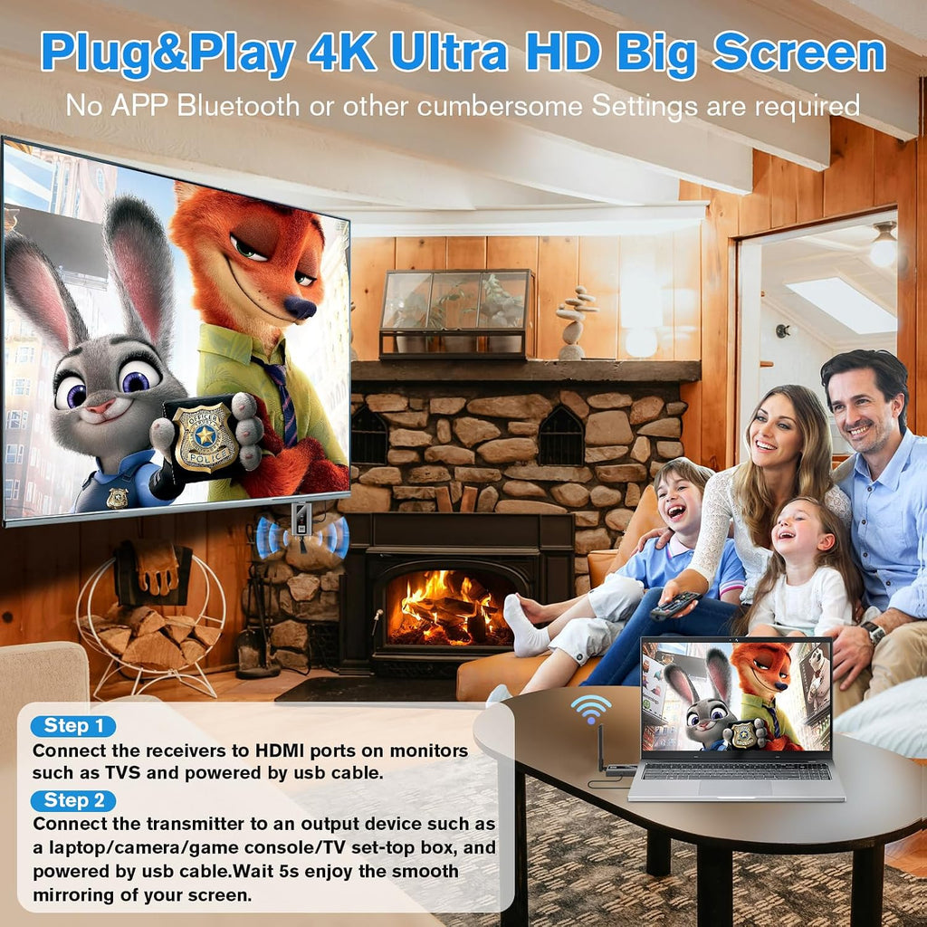 Upgraded Wireless HDMI Transmitter and 2 Receivers with LED Screen, Up to 6 RXs,165FT Plug & Play 1080P HD Output 5.8GHz Extender for TV Box/Laptop/Projector/Camera to Multiple Screens Grey