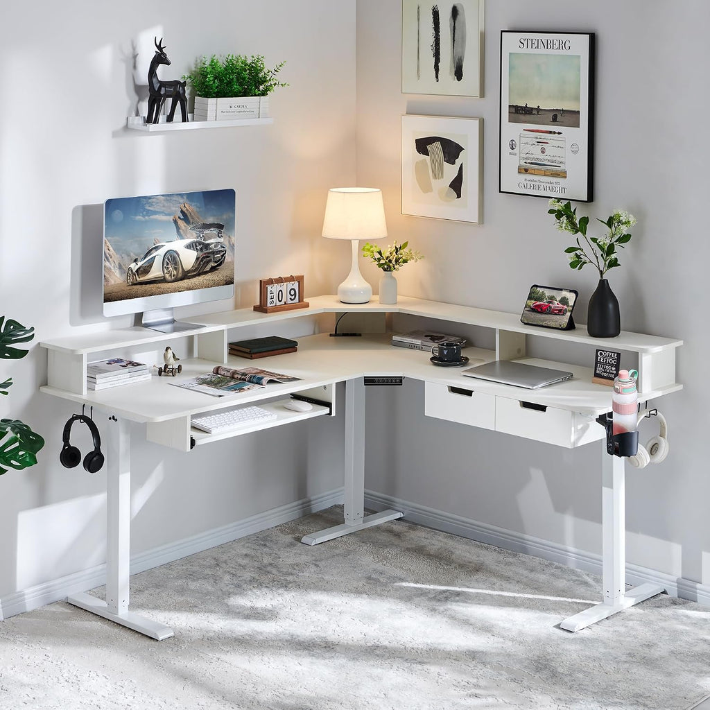 RedLemon 60 Inches L Shaped Electric Standing Desk, Height Adjustable Corner Gaming Desk with Drawers, Keyboard Tray, Power Outlets & LED Lights, Computer Desk with Monitor Shelf, Antique White