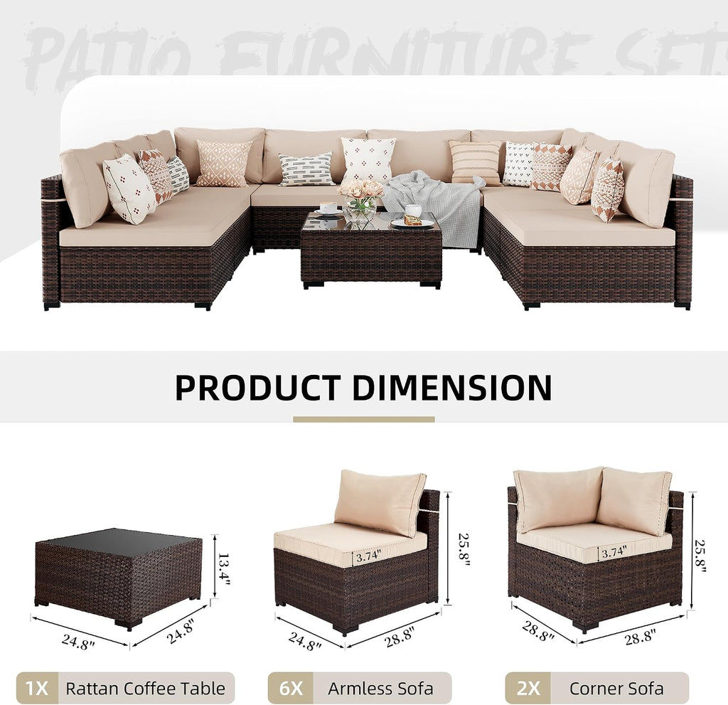UPHA 9 Pieces Patio Furniture Sets, Wicker Outdoor Sectional Sofa Couch with Coffee Table, Patio Conversation Set for Deck Backyard Garden, Brown Rattan, Beige Cushion