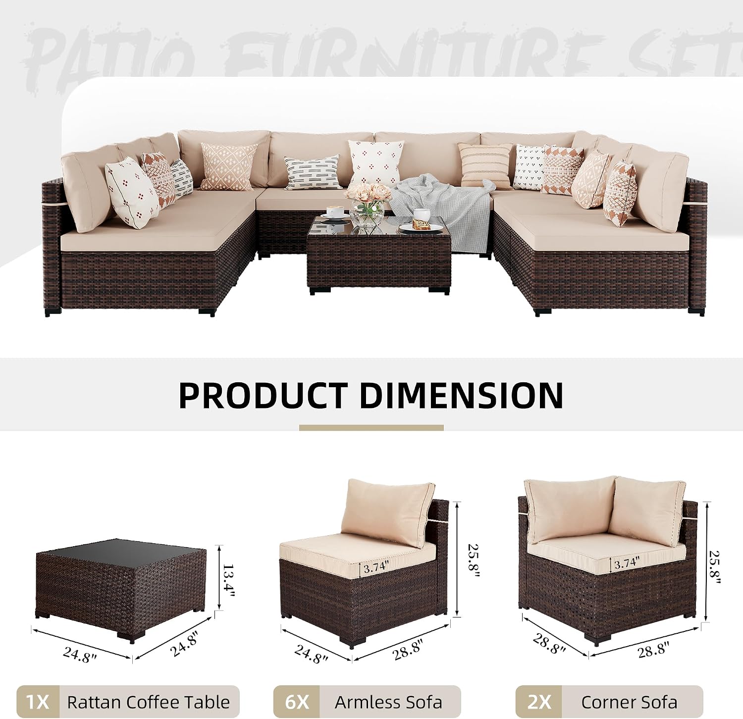 UPHA 9 Pieces Patio Furniture Sets, Wicker Outdoor Sectional Sofa Couch with Coffee Table, Patio Conversation Set for Deck Backyard Garden, Brown Rattan, Beige Cushion