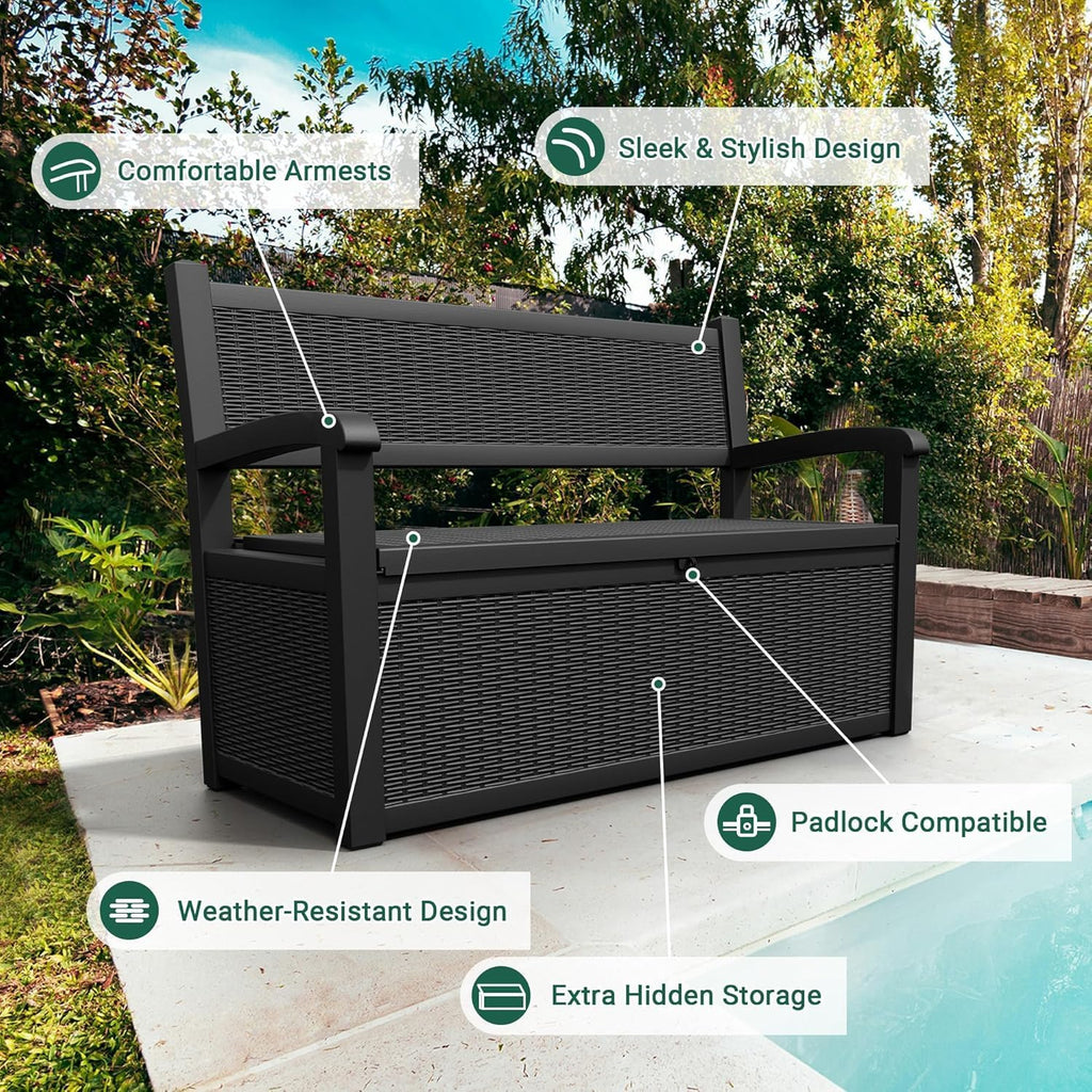 LHBcraft 70 Gallon Lockable Outdoor Storage Bench Waterproof, Deck Box Bench for Patio, Porch, Garden, Poolside, Stores Tools & Pool Supplies, Heavy-Duty Outdoor Bench with Storage, Black