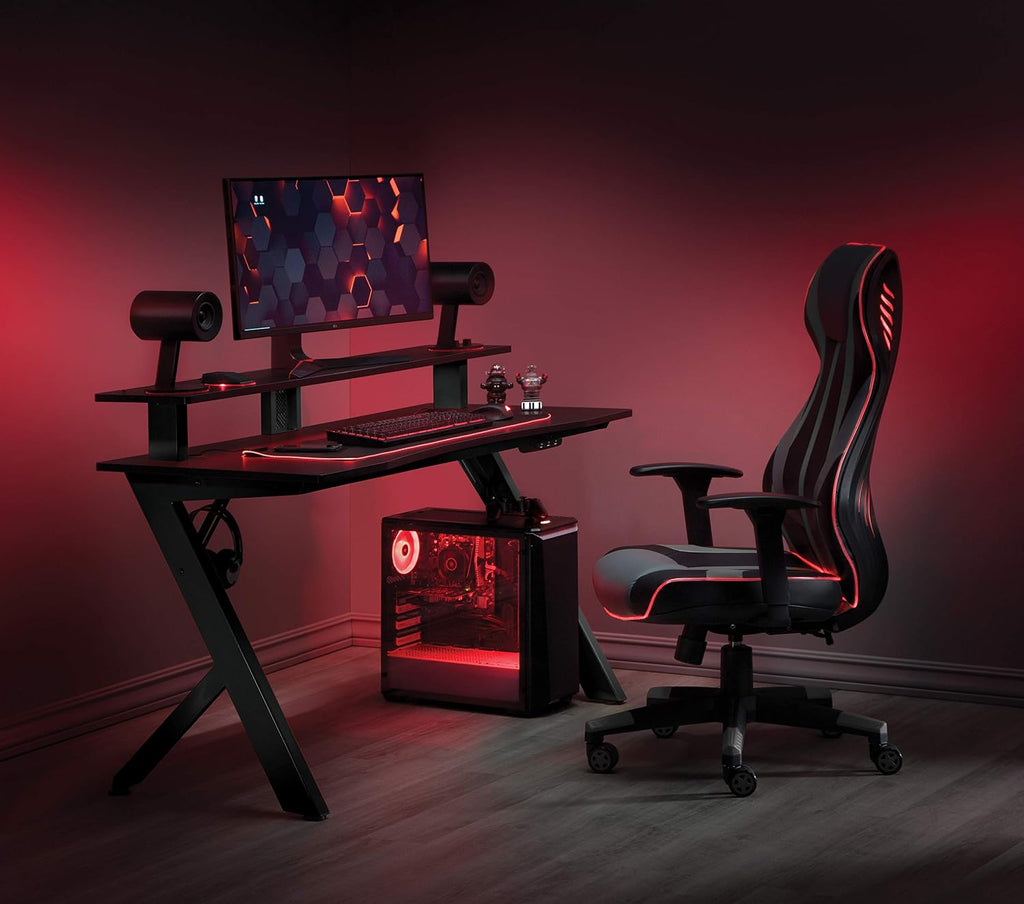OSP Home Furnishings Area51 Battlestation Gaming Desk with Bluetooth RGB LED Lights, Matte Black