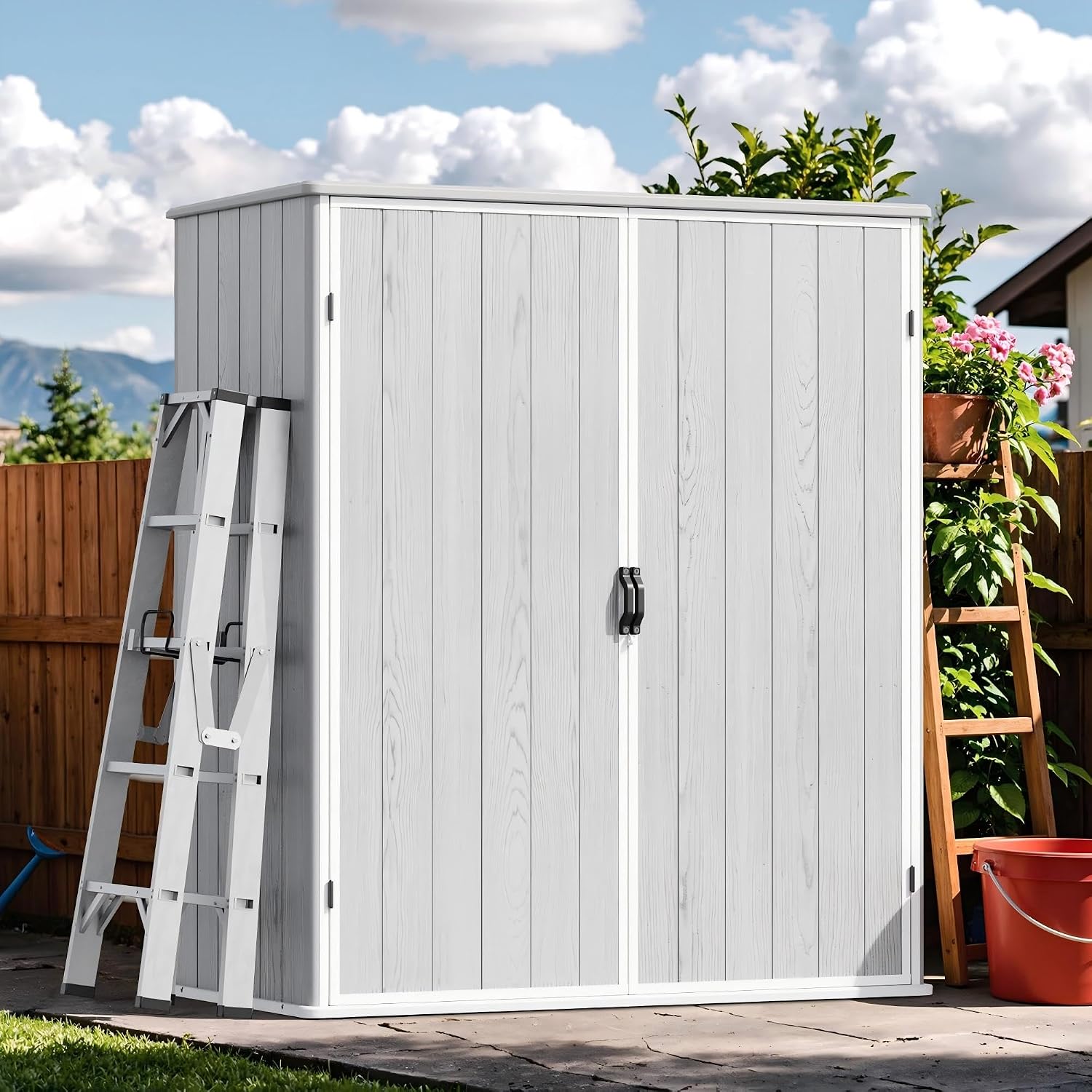 Devoko 5x3 FT Resin Storage Shed with Floor, Plastic Outdoor Storage Cabinet with Lockable Door, Waterproof Vertical Tool Small Shed for Patio Garden Backyard, Light Gray