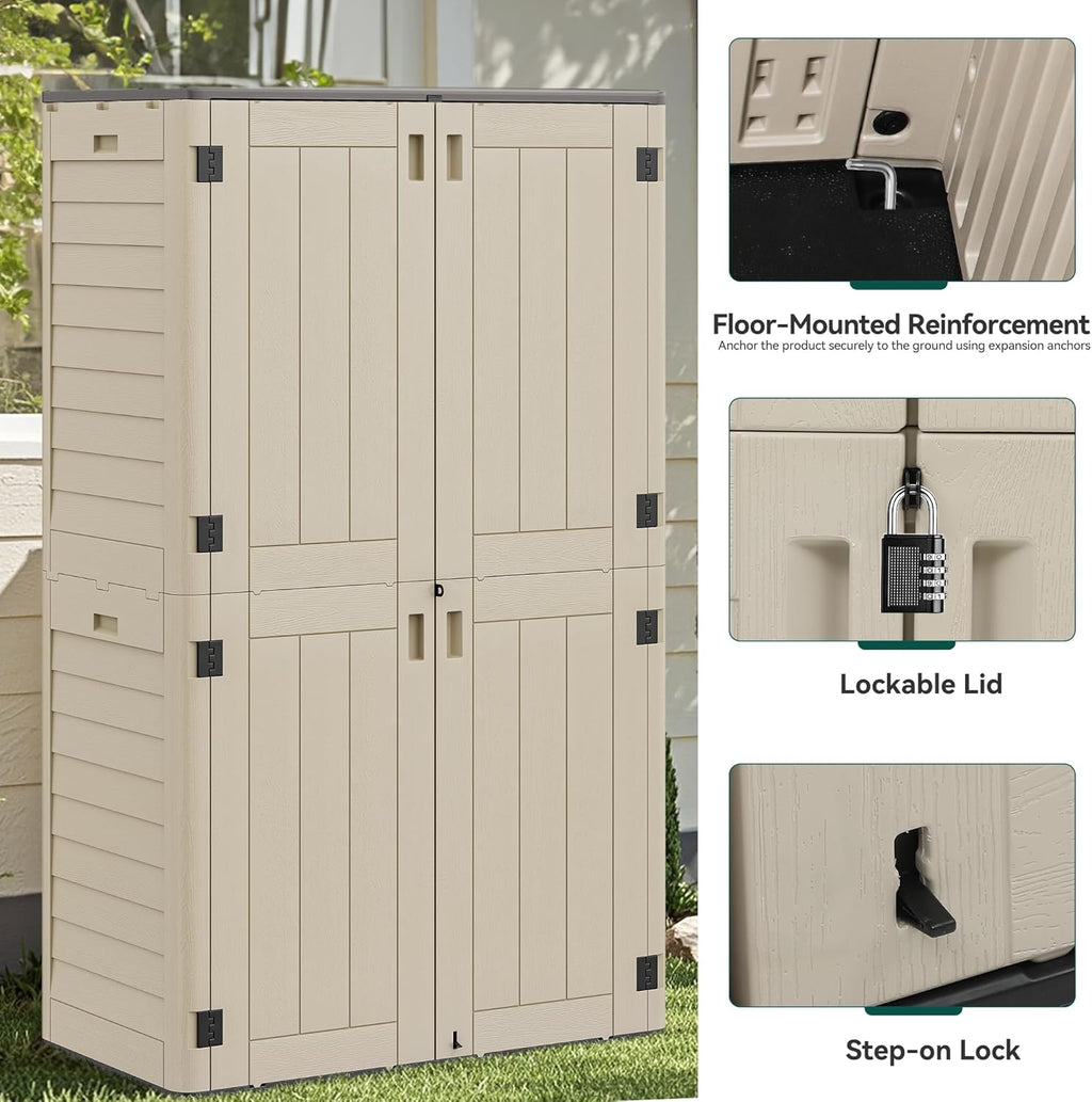 YITAHOME 60 cu ft Tall Outdoor Storage Shed w/o Shelf, Resin Vertical Outdoor Storage Shed, Large Waterproof Storage Cabinet for Garage, Poolside, and Garden (Khaki + Black)