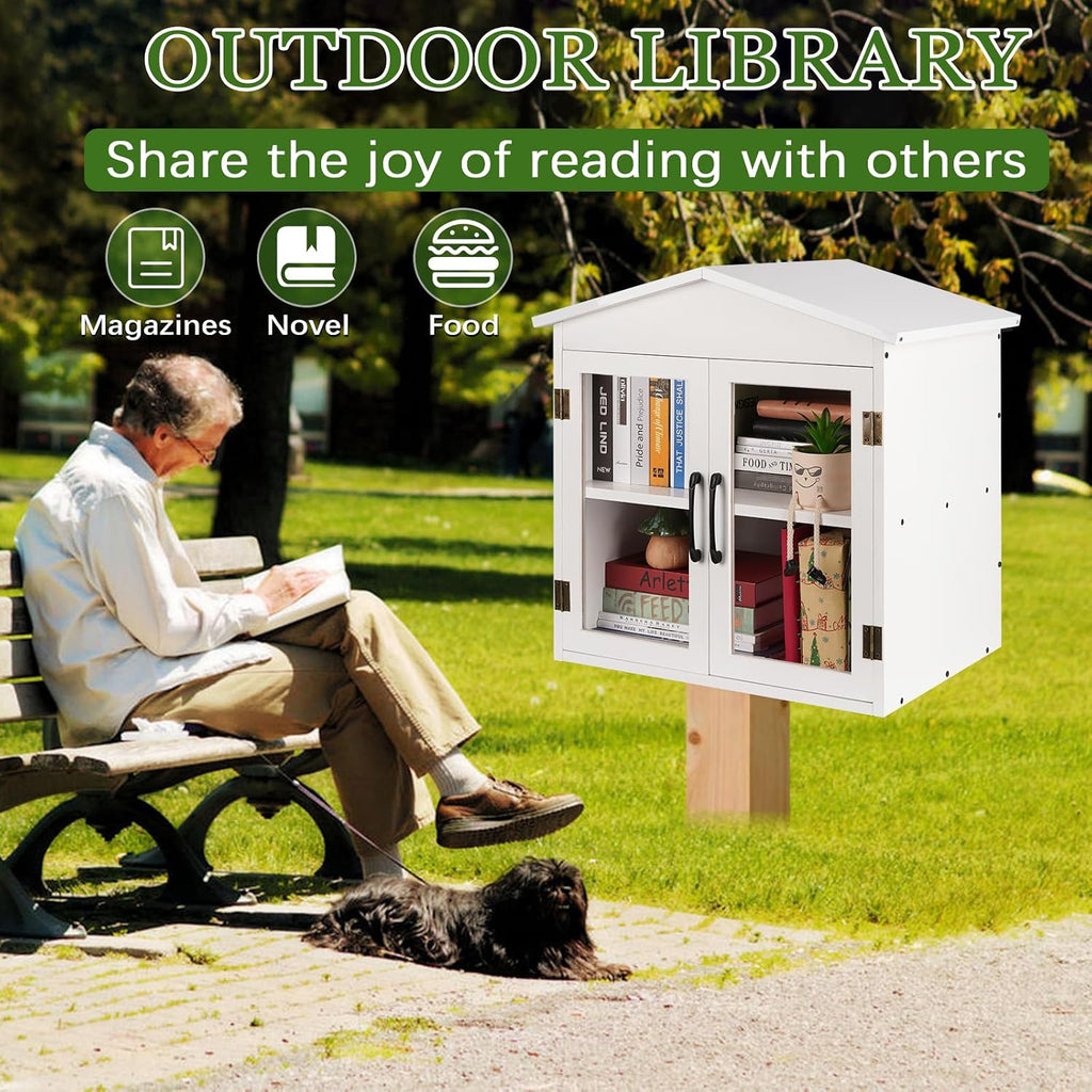 Outdoor Library Outdoor Book Box Storage Small Wooden Cabinet Little Literature Box for Neighborhoods Community and Schools Sharing Books, Flyers, Newspapers, Food and Art (E)