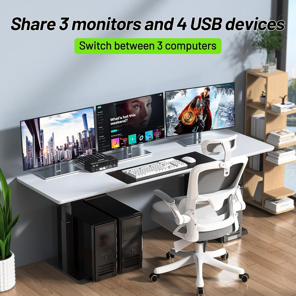 KVM Switch 3 Monitors 4 Computers 4K@60Hz,EDID Simulation,HDMI Displayport Triple Monitor KVM Switch,3 Monitor KVM with 4 USB 3.0 Ports for Keyboard Mouse, Wired Remote and 4 USB3.0 Cables Included