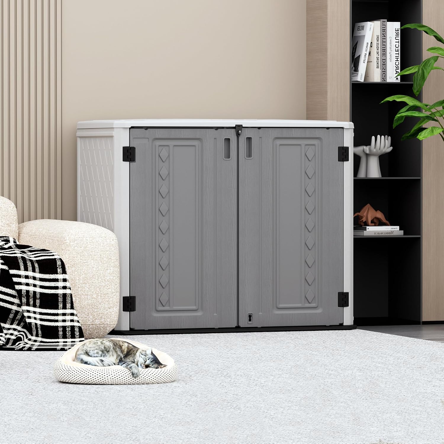 Mrosaa Outdoor Storage Shed Waterproof, Horizontal Outdoor Storage Cabinet for Garbage Cans,Tools and Lawnmower Lockable(34 Cu.ft-Gray and White)