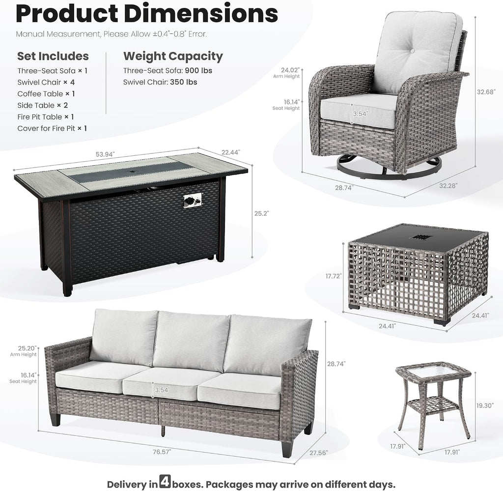 ovios 9 Pieces Patio Furniture Set, Outdoor Wicker Sofa Couch with Rocking Swivel Chairs Fire Pit Table, Modern Deep Seat Rattan Conversation Sets for Deck Porch, Grey