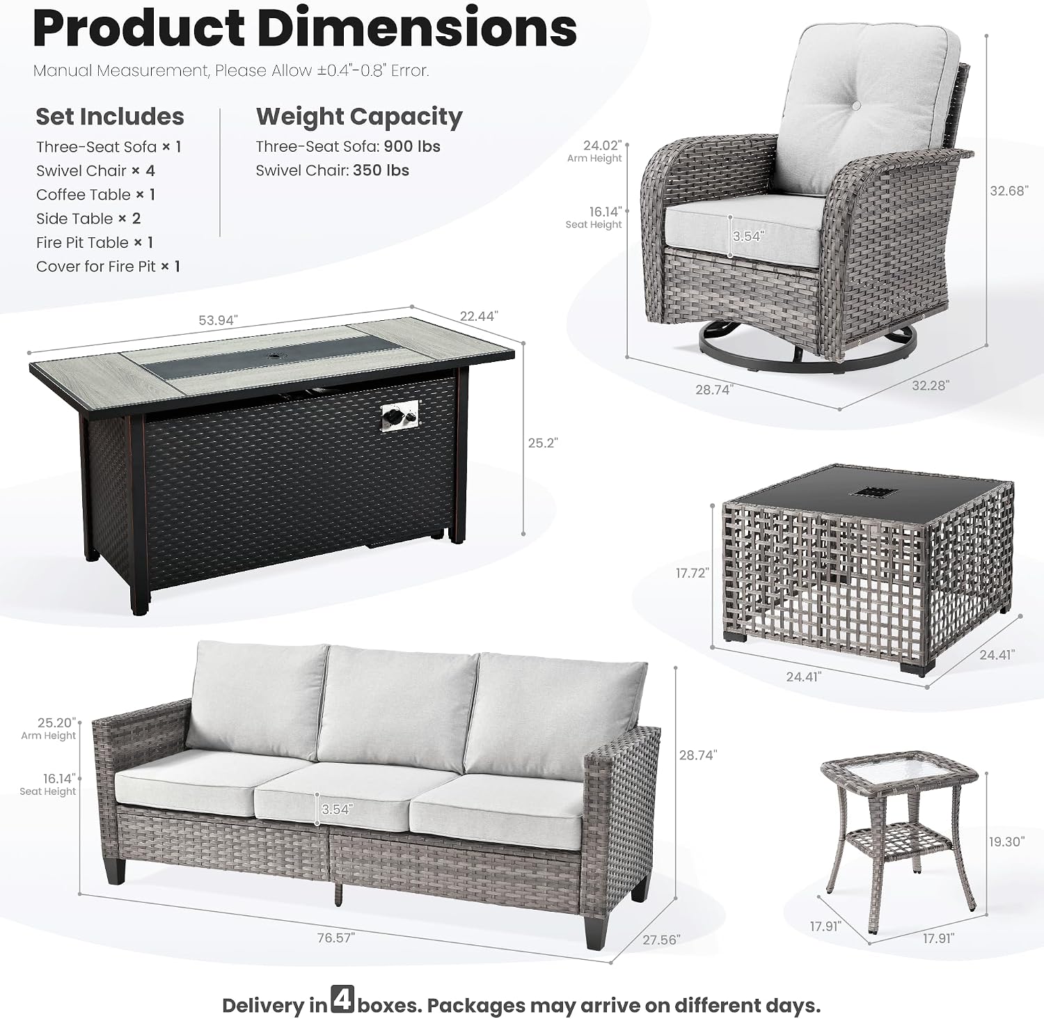 ovios 9 Pieces Patio Furniture Set, Outdoor Wicker Sofa Couch with Rocking Swivel Chairs Fire Pit Table, Modern Deep Seat Rattan Conversation Sets for Deck Porch, Grey