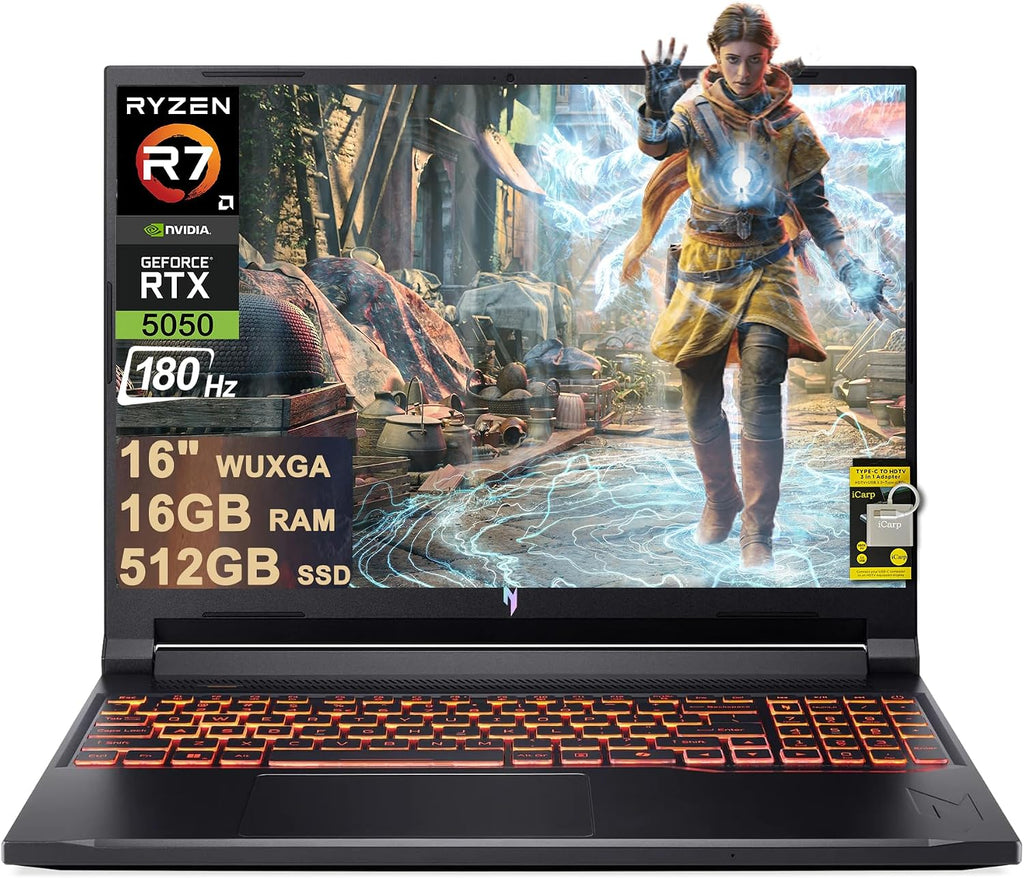 acer Nitro V 16 AI Gaming Laptop 16' WUXGA IPS 180Hz AMD 8-core Ryzen 7 260 (Beats i7-13700H) 16GB DDR5 512GB SSD GeForce RTX 5050 (Up to 421 AI Tops) Backlit Wi-Fi6E Win11 ICP Hub